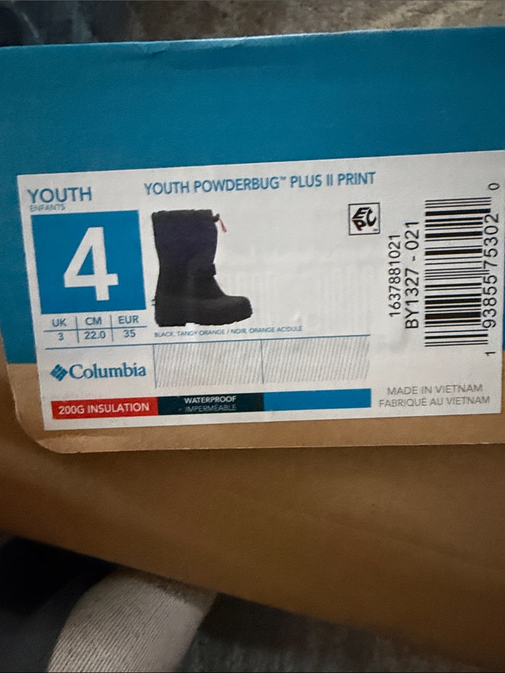 Columbia Youth Snow Boot in Black with Orange Accent